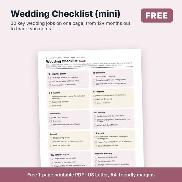 Preview of the free one-page Wedding Checklist (mini) PDF with tick-box tasks in 10 stages