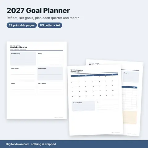 Cover image for 2027 Goal Planner Printable: Yearly Reflection, Goals, Quarterly Plans & Monthly Calendars