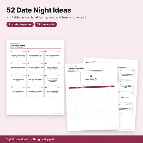 Cover image for 52 Date Night Ideas Printable: Date Night Jar Cards for Couples