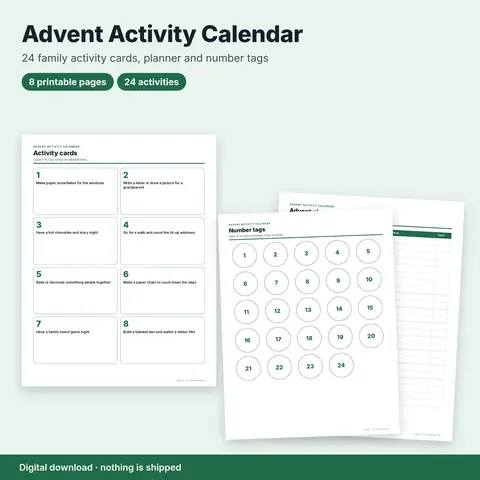 Cover image for Advent Activity Calendar for Families: 24 Printable Activity Cards + Planner