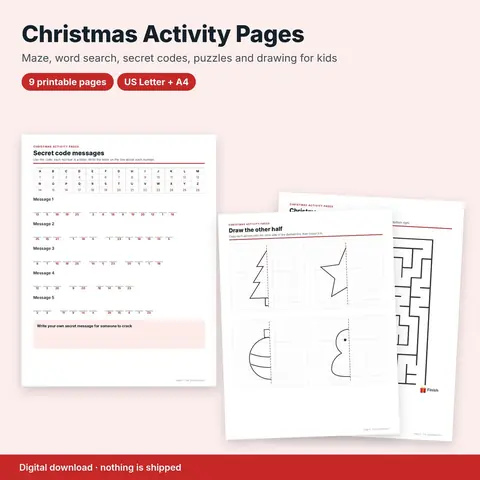 Cover image for Christmas Activity Pages for Kids: Maze, Word Search, Codes & Puzzles