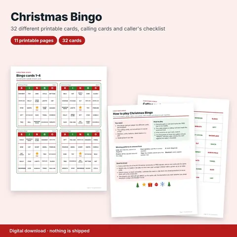 Cover image for Christmas Bingo Printable: 32 Different Bingo Cards + Calling Cards