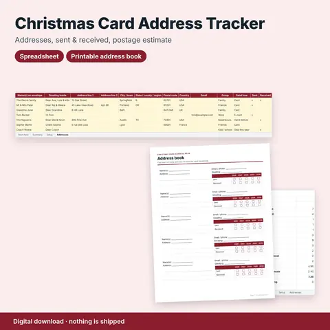 Cover image for Christmas Card Address Tracker (Spreadsheet + Printable Address Book)