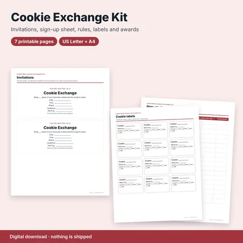 Cover image for Christmas Cookie Exchange Kit: Invitations, Sign-Up Sheet, Rules, Labels & Awards (Printable)