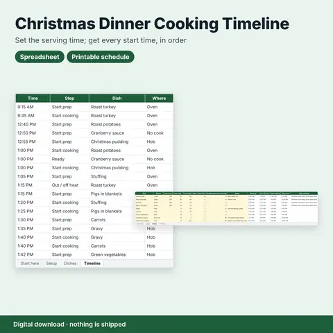 Cover image for Christmas Dinner Cooking Timeline Calculator (Spreadsheet + Printable Schedule)