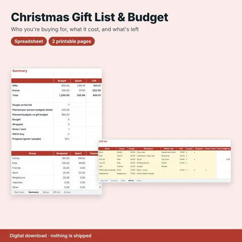 Cover image for Christmas Gift List & Budget Tracker (Spreadsheet + Printable)