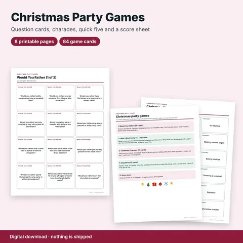 Cover image for Christmas Party Games Printable: Charades, Question Cards & Quick Five