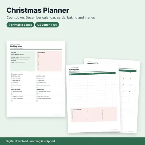 Cover image for Christmas Planner Printable: Countdown, Cards, Baking & Menu