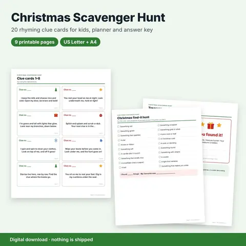 Cover image for Christmas Scavenger Hunt for Kids: 20 Rhyming Clue Cards (Printable)