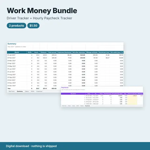 Cover image for Work Money Bundle: Driver Tracker + Hourly Paycheck Tracker