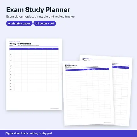 Cover image for Exam Study Planner & Revision Timetable (Printable)