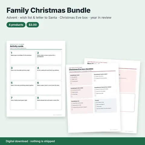 Cover image for Family Christmas Bundle: Advent Activity Calendar, Wish List & Letter to Santa, Christmas Eve Box Planner & Kids' Year in Review