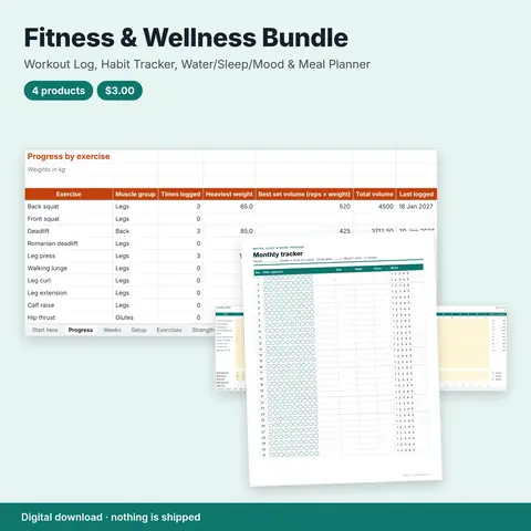 Cover image for Fitness & Wellness Bundle: Workout Log, Habit Tracker, Water/Sleep/Mood & Meal Planner