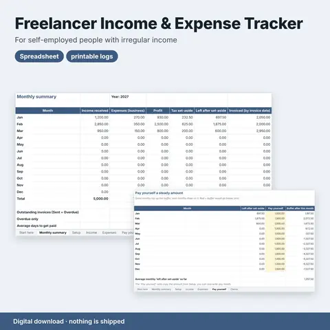 Cover image for Freelancer Income & Expense Tracker (Spreadsheet + Printable Logs)
