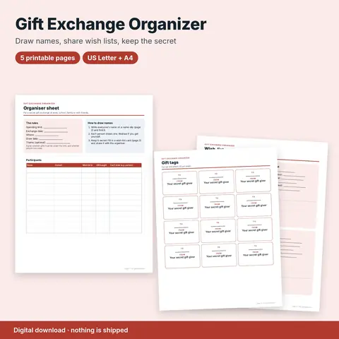 Cover image for Secret Gift Exchange Organizer: Name Slips, Wish-List Cards & Tags (Printable)