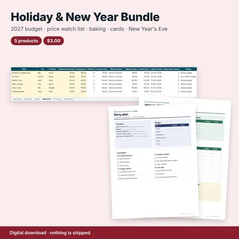 Cover image for Holiday & New Year Bundle: 2027 Budget, Price Watch List, Baking Planner, Card Tracker & New Year's Eve Party Planner