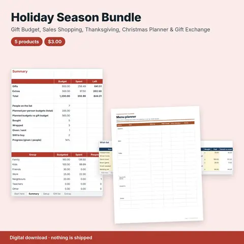 Cover image for Holiday Season Bundle: Gift Budget, Sales Shopping, Thanksgiving, Christmas Planner & Gift Exchange