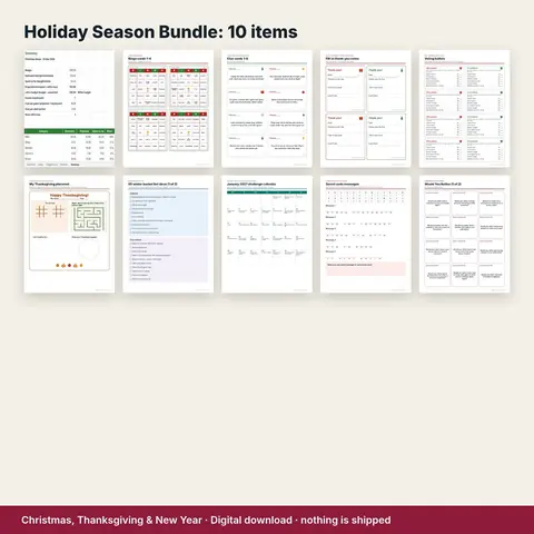Cover image for Holiday Season Bundle: 10 Christmas, Thanksgiving & New Year Printables