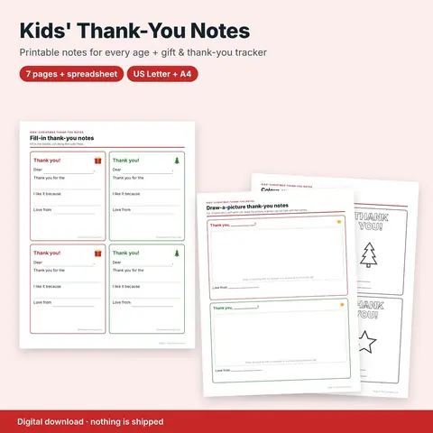 Cover image for Kids' Christmas Thank-You Notes Printable + Gift & Thank-You Tracker