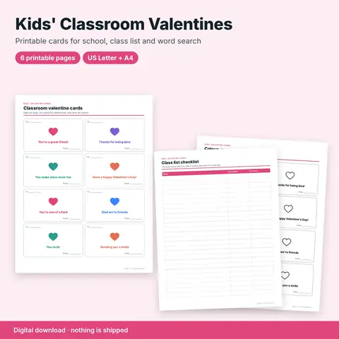 Cover image for Kids' Valentine's Day Cards for School: Printable Classroom Cards & Class List