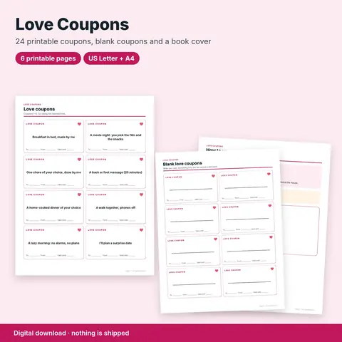 Cover image for Love Coupons Printable: 24 Valentine's Coupons, Blank Coupons & Book Cover