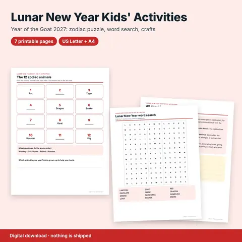 Cover image for Lunar New Year 2027 Kids' Activities: Zodiac Puzzle, Word Search & Crafts