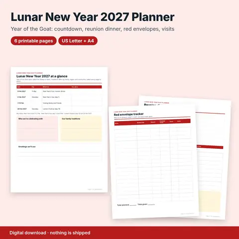 Cover image for Lunar New Year 2027 Planner: Year of the Goat Family Planner (Printable)