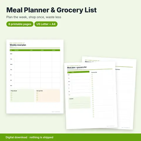 Cover image for Weekly Meal Planner & Grocery List (Printable)