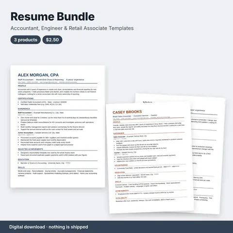 Cover image for Resume Bundle: Accountant, Engineer & Retail Associate Templates