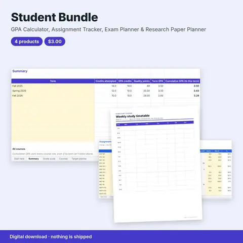 Cover image for Student Bundle: GPA Calculator, Assignment Tracker, Exam Planner & Research Paper Planner