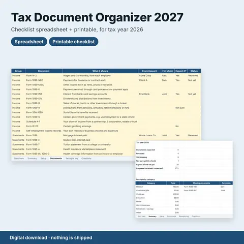 Cover image for Tax Document Organizer 2027: Tax Document Checklist Spreadsheet + Printable