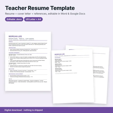 Cover image for Teacher Resume Template + Cover Letter (Word / Google Docs)
