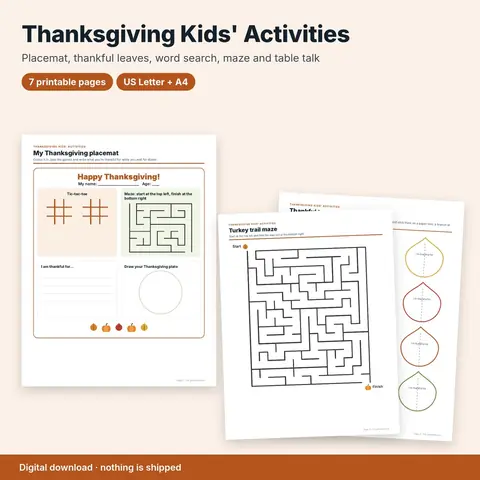 Cover image for Thanksgiving Activities for Kids: Placemat, Mazes, Word Search & Table Talk