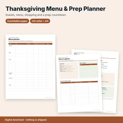 Cover image for Thanksgiving Menu & Prep Planner (Printable)