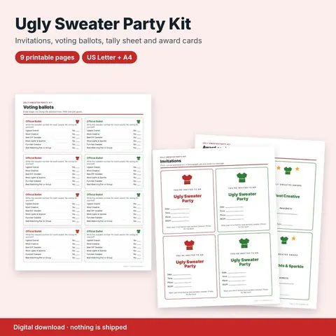 Cover image for Ugly Sweater Party Kit: Invitations, Voting Ballots & Award Cards (Printable)