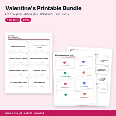 Cover image for Valentine's Day Printable Bundle: Love Coupons, Date Nights, Galentine's & Kids