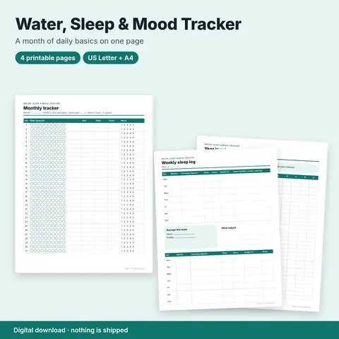 Cover image for Water, Sleep & Mood Tracker (Printable)