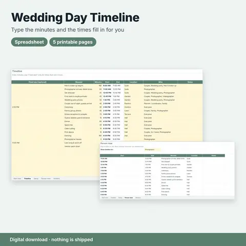 Cover image for Wedding Day Timeline Planner (Automatic Times + Printable)