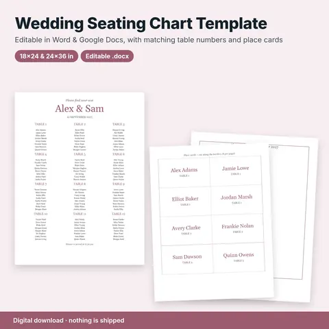 Cover image for Editable Wedding Seating Chart, Table Numbers & Place Cards