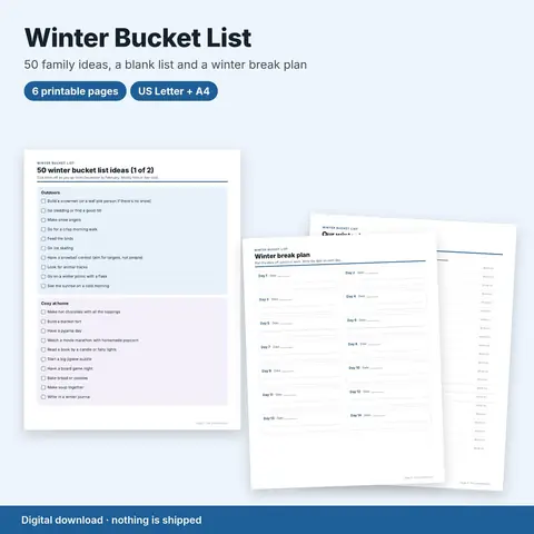 Cover image for Winter Bucket List Printable: 50 Family Ideas, Blank List & Winter Break Plan