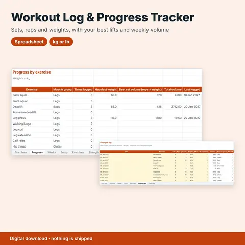 Cover image for Workout Log & Progress Tracker Spreadsheet (Strength + Cardio)